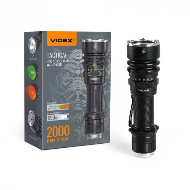2 - Тактичний світлодіодний ліхтар VIDEX 2000Lm 6500K. Чорний матовий