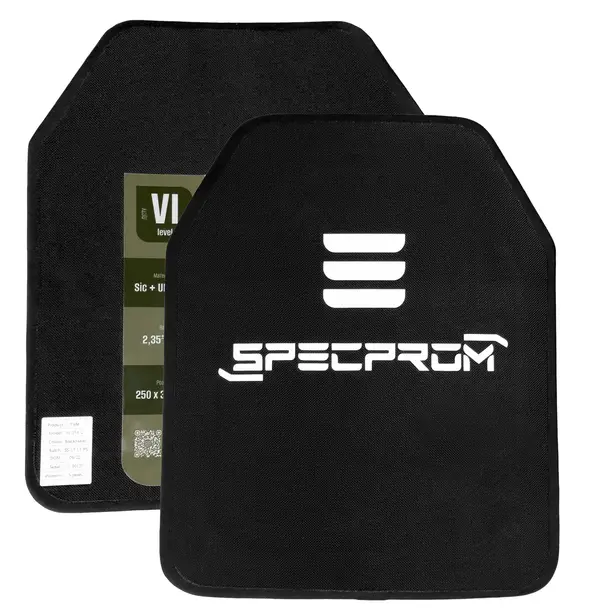 1 - Керамические бронеплиты SPECPROM Sic+PE 6-го класса . Вес 2.3 кг. Размер 25 на 30 см. Комплект- 2 шт