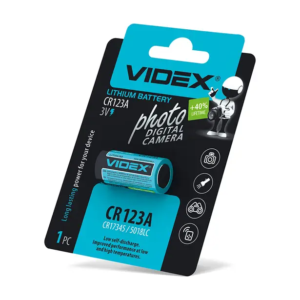 2 - Батарейка літієва Videx CR123A 1шт в блістері