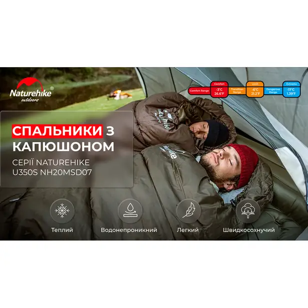 7 - Спальник с капюшоном правый (-3°C) Naturehike U350S NH20MSD07. Олива
