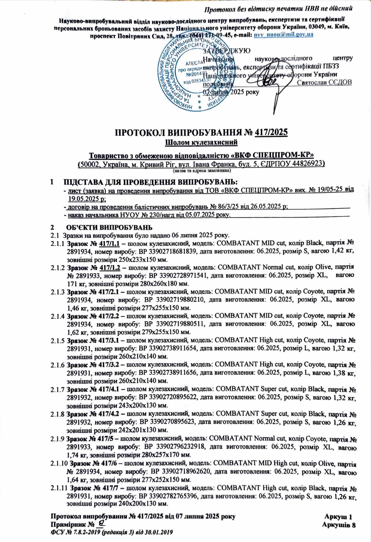 Протокол испытаний шлемов Combatant