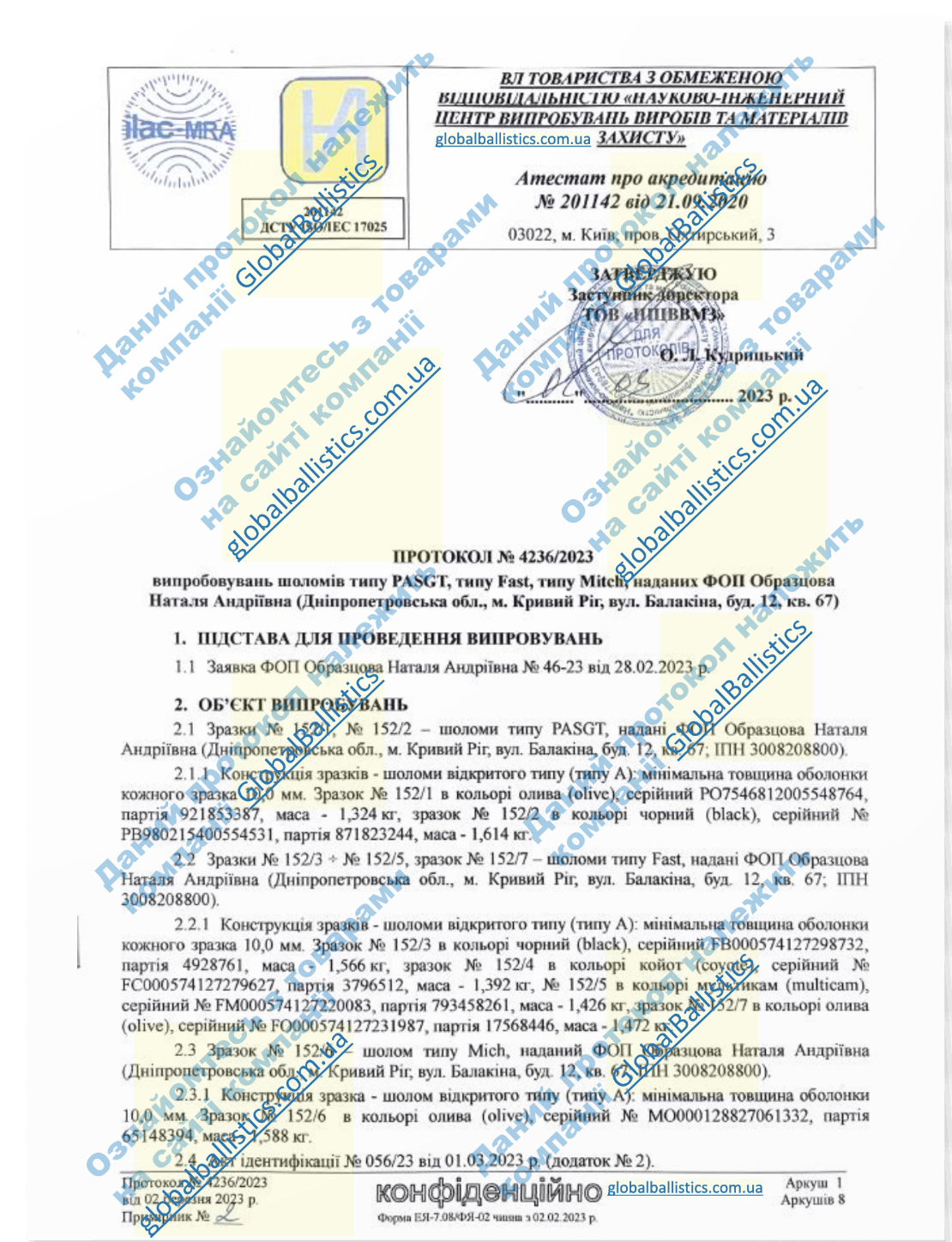 Протокол испытаний шлема TOR-D-VN