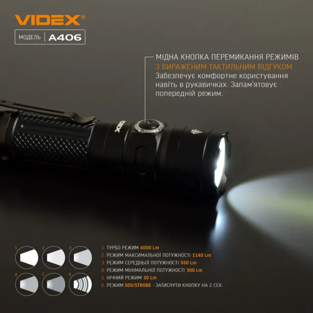 11 - Портативний світлодіодний ліхтарик VIDEX 4000Lm 6500K