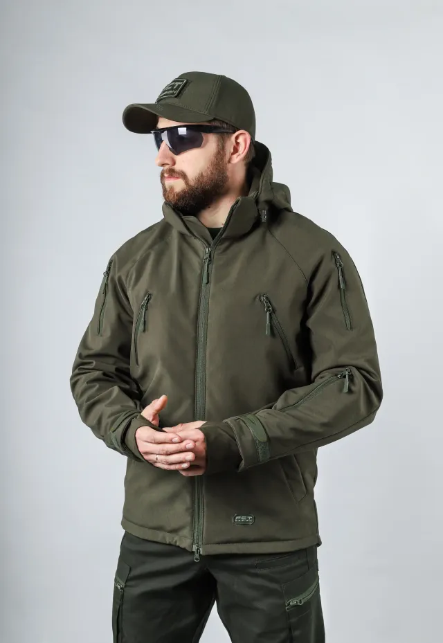 1 - Куртка тактическая Softshell ХАНТЕР. Осень-Весна Олива. Размер XXL (56-58)